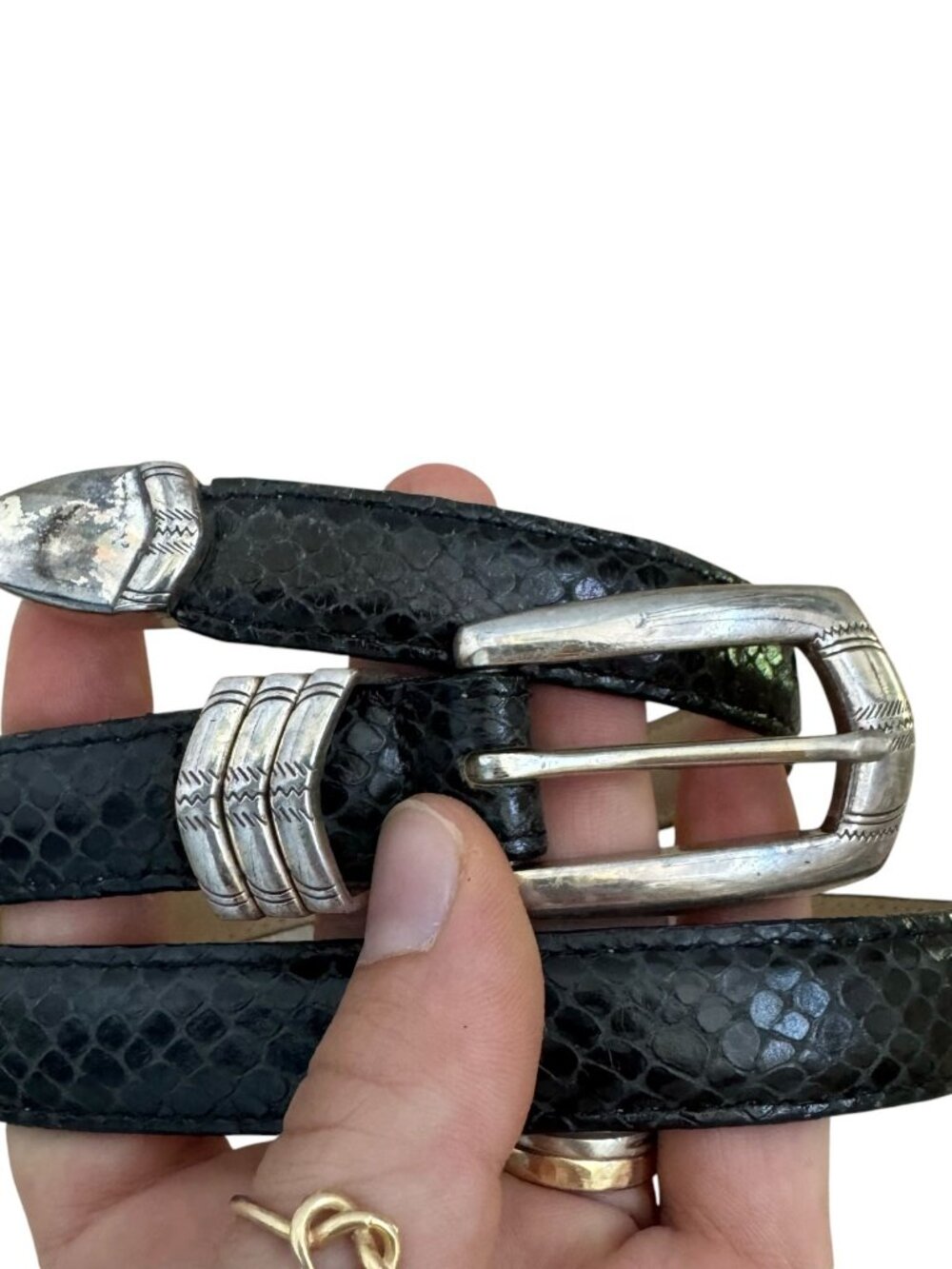 Vintage 1990s Brighton Womens Black Snake Embossed Leather Skinny Waist Belt M